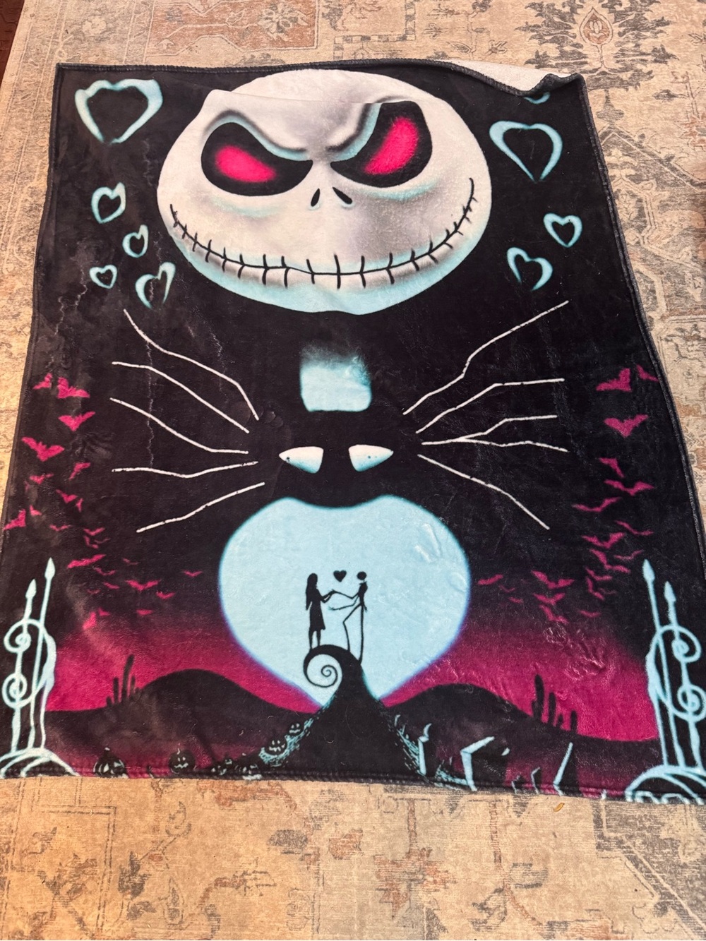 Nightmare Before Christmas Black Plush Throw with Pink and Light Blue
